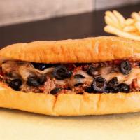 Pizza Cheesesteak · Cheese steak, grilled onions, with marinara sauce.