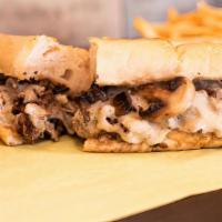 Wicked Philly · Steak with caramelized mushrooms, sauteed onions, melted cheese and Theo's white spider stea...