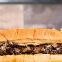 The Dro · Savory basil pesto with mushrooms, sauteed onions and melted cheesesteak.