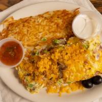 Chef’s Omelette · Bacon,ham,sausage,bell pepper,mushroom,onion,tomato,cheese,salsa and sour cream