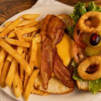 The Flippy Burger · 1/3 lb burger served on a French roll with American cheese, Swiss cheese, bacon, onion rings...