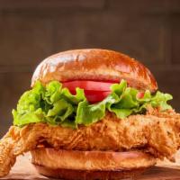 Two-Hands Fried Chicken Sandwich (LUNCH only) · Served on challah bun, lettuce, tomato, special sauce.