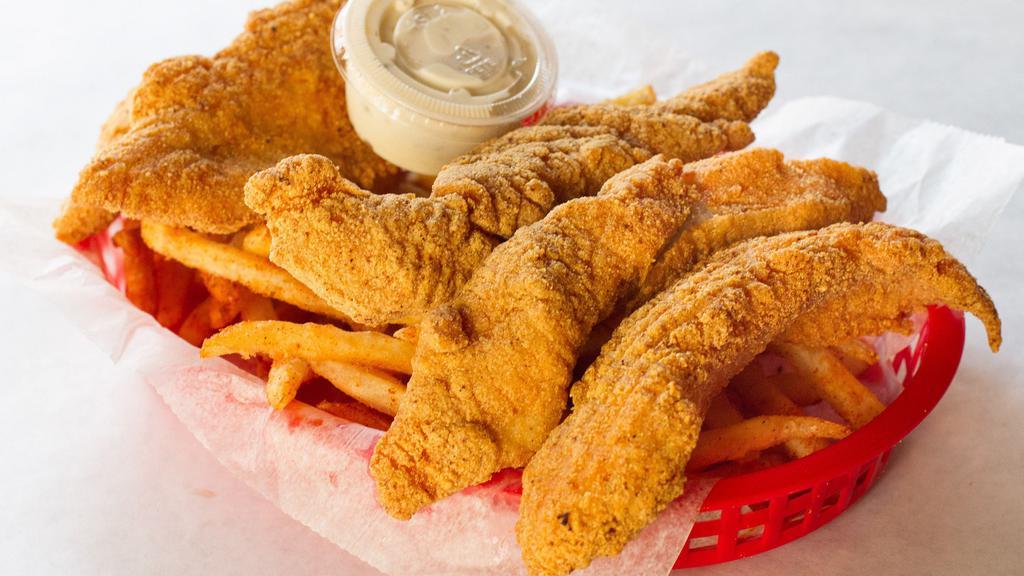Fried Catfish Basket · Four fillets of catfish hand-tossed in our homemade batter and fried to perfection. Served with a side of house-made tartar sauce. Choice of Cajun or Lemon Pepper fries.1570 cal.