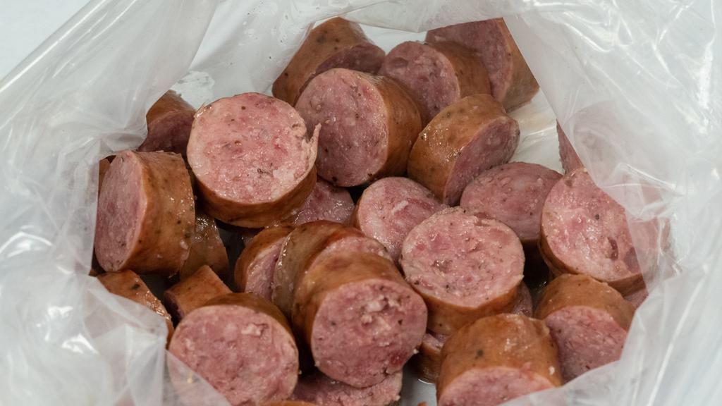 Sausages 1 link · Juicy andouille sausage. Each link is approximately 15 pieces or ½ pound. 540 cal.
