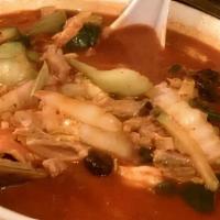 Soup Noodles with Pork, Vegetables & Seafood (Jam Pong) · Hot and spicy.
