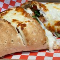 Golden Gate Calzone (Combo) · Combo. Fresh mushrooms, Roma tomatoes, sweet red onions, green bell peppers, black olives, p...