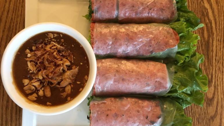 Pork Patties Rolls · Grilled pork patties, vermicelli noodles, and fresh herbs. Served with house peanut dipping sauce. Four pieces.
