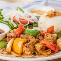 Shaken Tofu · Seasoned fried tofu _ wok tossed with bell peppers and onions.