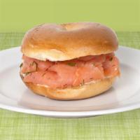 Cream Cheese and Lox Bagel · House smoked salmon lox on a bagel with cream cheese.