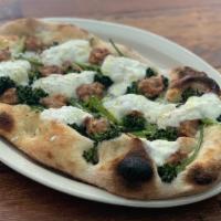 Maranella Pinsa · Roman style pizza with Mozzarella, House Pork Sausage, Broccolini, Burrata