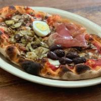 Centocelle Pinsa · Roman style pizza with tomato sauce, mozzarella, mushroom, artichoke, olives, prosciutto di ...