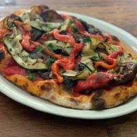 San Lorenzo Pinsa (vegan) · Roman style pizza with tomato sauce, Olive Oil Cured Bell Peppers, Zucchine and Eggplant