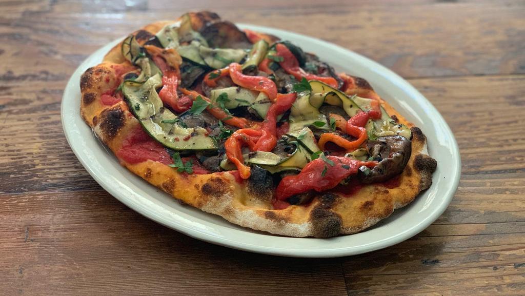San Lorenzo Pinsa (vegan) · Roman style pizza with tomato sauce, Olive Oil Cured Bell Peppers, Zucchine and Eggplant