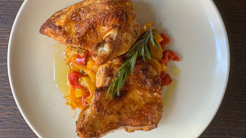 Pollo con Peperoni · Half Roasted Mary’s Chicken, sauteed Bell Pepper, Capers and Onion.