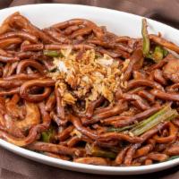 N17 Hokkien Mee (thick Noodle) · Thick yellow noodle caramel dark soy sauce chicken shrimp, choy sum, fried shallots