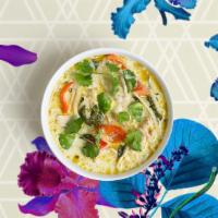Green Curry · Green curry cooked with zucchini, green bean, bamboo shoot, basil, bell pepper, and your cho...