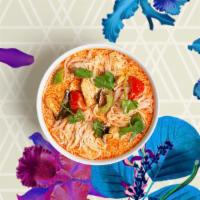 Red Curry · Red curry cooked with zucchini, green bean, bamboo shoot, basil, bell pepper, and your choic...