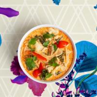 Red Curry Noodles · Red curry cooked with zucchini, green bean, bamboo shoot, basil, bell pepper, and your choic...