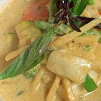 Green Curry Noodles · Green curry cooked with zucchini, green bean, bamboo shoot, basil, bell pepper, and your cho...