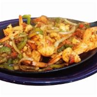 Shrimp Fajitas · Shrimp mixed with chopped tomato, onion, bell pepper, soy sauce. Side of rice and beans and ...