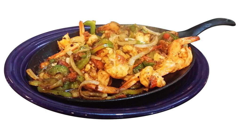 Shrimp Fajitas · Shrimp mixed with chopped tomato, onion, bell pepper, soy sauce. Side of rice and beans and tortillas