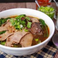 Combination Beef Noodle Soup · Noodles with sliced beef, beef balls, beef stew, Chinese broccoli, and bean sprouts in beef ...