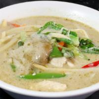 Green Curry · Thai style green curry sauce with your choice of meat, eggplant, bamboo shoot and basil leav...