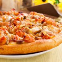 Chicken Lover's Personal Pizza · Fresh personalized size pizza made with white sauce, garlic chicken, spicy chicken, and BBQ ...