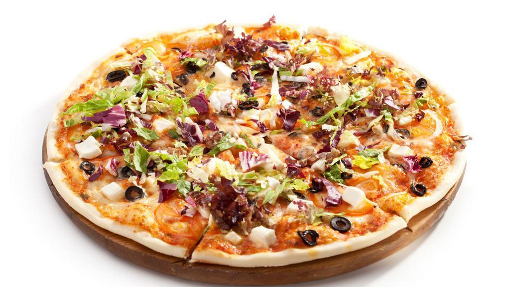 Personal Golden Gate Pizza · Personalized pizza made with fresh red sauce, mushrooms, roma tomatoes, sweet red onions, green bell peppers black olives, pepperoni, smoked ham, Italian salami, and Italian garlic sausage.