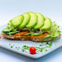 Hummus Avocado Sandwich · Organic Brioche wheat Bread , Hummus Spread, Organic Avocado, Alfafa Sprout and Cucumber