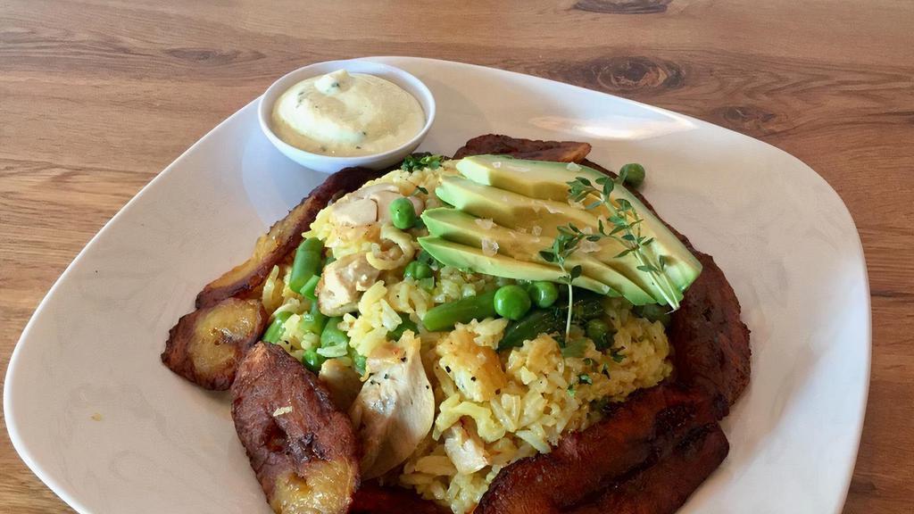 Arroz con Pollo · Traditional Colombian Chicken rice with maduros plantain on the side