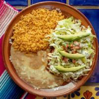 Cheese Enchiladas · 2 cheese enchiladas, topped with red or green salsa, alongside beans and rice. (Our red mole...