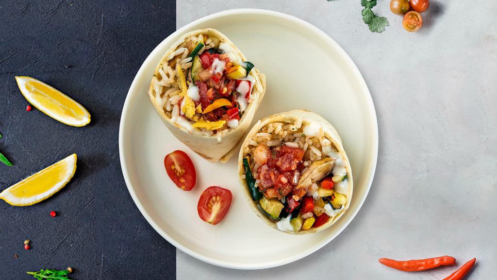 Veggie Vendetta Burrito · Mozzarella Cheese, Mushroom, Spinach, Bell Peppers, Onions, Rice & Beans wrapped in a warm tortilla with