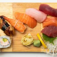 Sushi & Sashimi Combo · 3 pcs CA roll, chef’s choice of 5 pcs nigiri & 5 pcs sashimi.
served with miso soup.