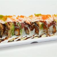  Crazy Roll (8 pcs) · spicy tuna & fried shrimp topped with eel, tuna, avocado, tobiko, crab, mayo, special spicy ...