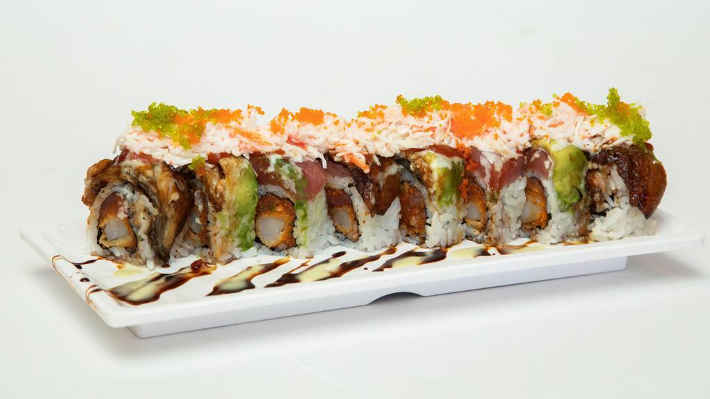  Crazy Roll (8 pcs) · spicy tuna & fried shrimp topped with eel, tuna, avocado, tobiko, crab, mayo, special spicy sauce & green onion.