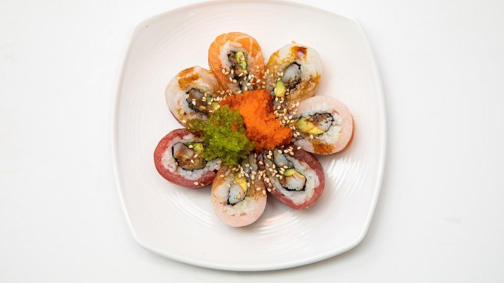 Rainbow Roll (7 pcs) · eel, crab, avocado, seeds, & sauce wrapped with tuna, yellowtail, salmon, halibut & tobiko.