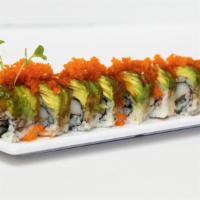 Caterpillar Roll (8 pcs) · eel, crab, topped with avocado, sauce, tobiko, & seeds.