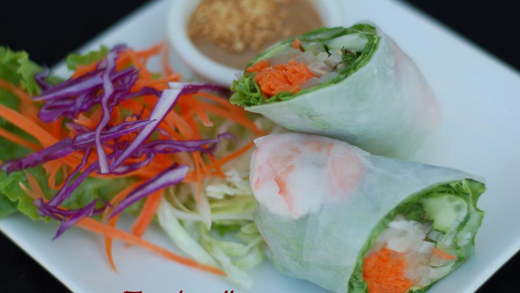 #1. Por Peir Sod (Fresh Roll - 1 Roll) · Vegetables, shrimp or tofu wrapped in rice paper.