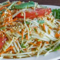 #14. Som Tum (Papaya Salad) · Green papaya, carrot, green beans, dried shrimp, tomatoes, peanuts, chili and lime juice.