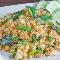 #27. Kaw Pad Kra Praw · Spicy fried rice with green bean, basil and basil pepper.