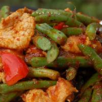 #36. Prik Khing · Green beans, chili paste and kaffir lime leaves.