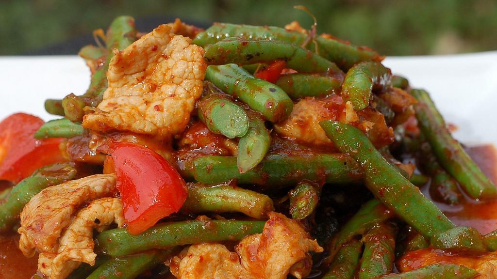 #36. Prik Khing · Green beans, chili paste and kaffir lime leaves.