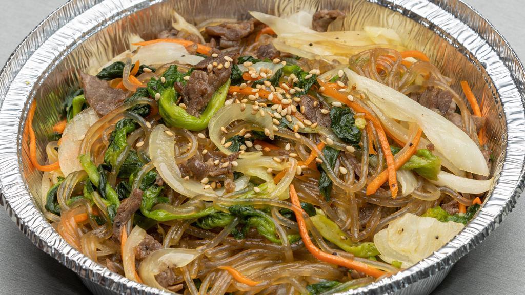 Japchae · Stir Fried Clear Noodles with Beef and Vegetables.