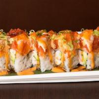Ultimate K.O · Spicy. In: ebi, crab, avocado, out: spicy tuna, ebi, tobiko, green onion with wasabi sauce a...