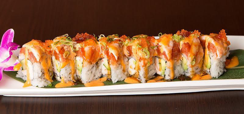 Ultimate K.O · Spicy. In: ebi, crab, avocado, out: spicy tuna, ebi, tobiko, green onion with wasabi sauce and other sauce.