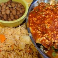#1 Enchilada · All combinations are served with rice and whole black pinto or fried beans. topped with melt...