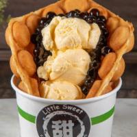 Ice Cream Boba Egg Puff · Crispy waffle with 2 scoops of ice cream, topped with brown sugar boba and whipped cream