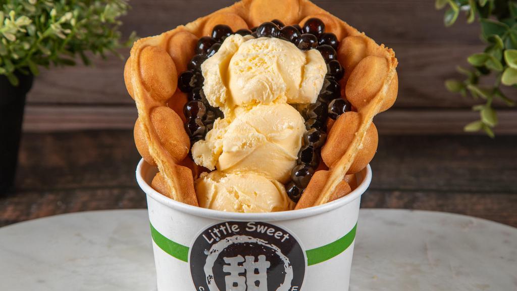 Ice Cream Boba Egg Puff · Crispy waffle with 2 scoops of ice cream, topped with brown sugar boba and whipped cream