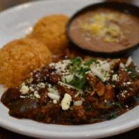 Tradicional Mole Poblano · Shredded chicken simmered in our house-made fifteen ingredient mole sauce topped with cilant...